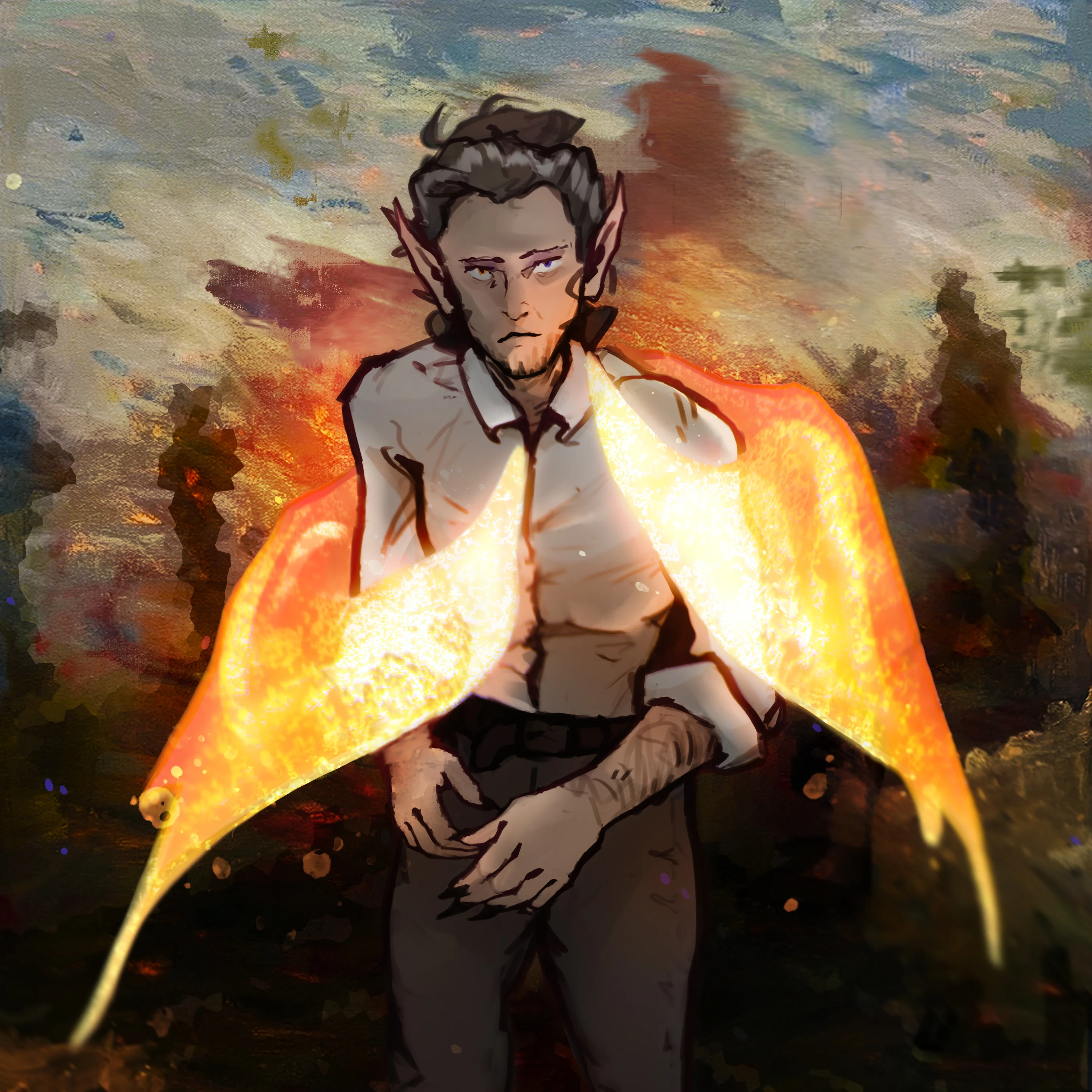 A ripped, dark-haired dude with pointy ears and glowing orange wings stands in a wild, colorful background. He's rocking a white shirt and dark pants, looking all serious. The scene is full of vibrant brushstrokes, mixing fantasy and realism.